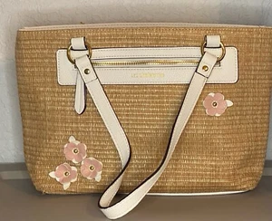 Liz Claiborne Shoulder Bag Woven Straw Pink/White Flowers - Picture 1 of 6