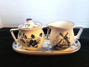 Delfter blau handbemalt kleines Milchkännchen und Zucker Set mit Unterteller 2,5" hoch - Bild 1 von 8
