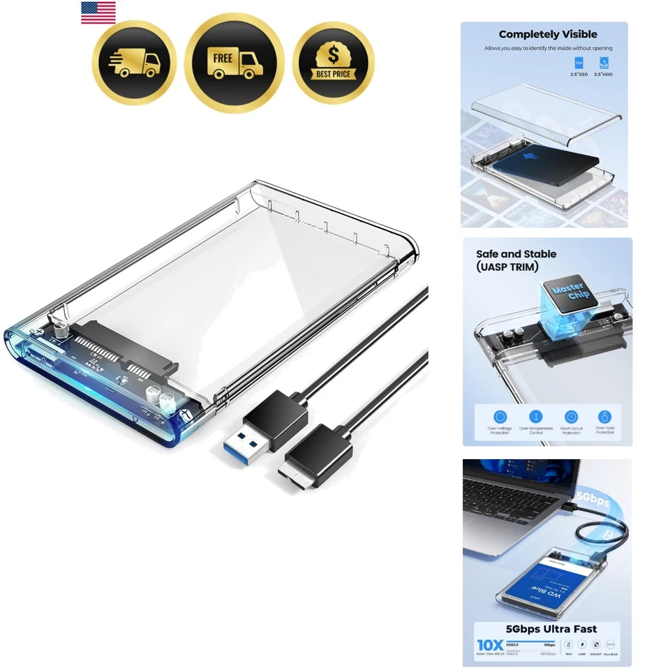 External Hard Drive Enclosure SATA III USB C Portable Clear 2.5 Inch 6TB - Image 1 of 4