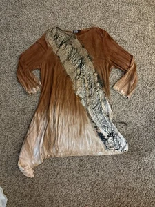 Art Of Cloth Tunic Womens Sz L Tan Black Tie Dye Artsy Lagenlook Flowy Stretch - Picture 1 of 4