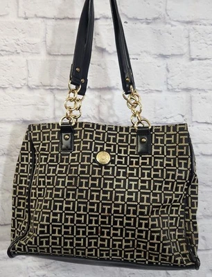 Tommy Hilfiger Black & Tan Tote Bag With Gold Chain Handles - Image 1 of 4