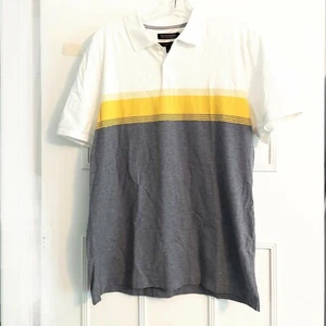 Banana Republic Polo Mens Sz L Luxury Touch Performance White Gray Yellow Stripe - Picture 1 of 8