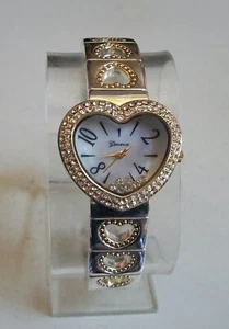 SILVER & GOLD FINISH HEART SHAPE FLOATING STONES FASHION WOMEN'S BANGLE WATCH - Picture 1 of 5