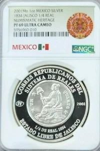 2001 MEXICO SILVER 1834 JALISCO 1/4 REAL NGC PF 69 ULTRA CAMEO EXTREMELY RARE - Picture 1 of 4