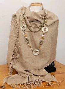 Schal XXL 100% Wolle beige h.braun Tuch Stola Schultertuch Pashmina 195cm x 70cm - Bild 1 von 5