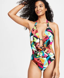 Bar III MULTI Tropical Dreams Cowlneck One-Piece Swimsuit US X-Small - Picture 1 of 3
