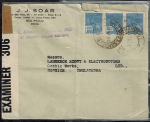 WWII England 1941 Censor Cover w/ Tape 306 Type 1C Sao Paulo to Norwich - Picture 1 of 2
