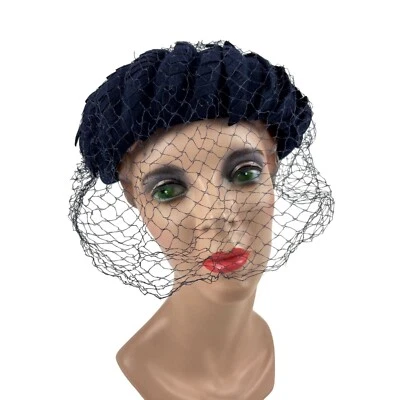 Vintage 50s Navy Hat Blue Veil Wool Scaled Calot Starling - Image 1 of 4