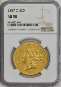 1857-O $20 Gold Liberty AU58 NGC 947007-7 - Picture 1 of 4