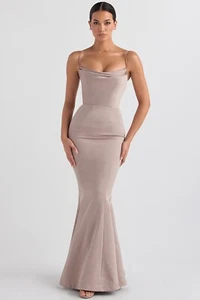 HOUSE OF CB 'Violette' Mushroom Satin Fishtail Gown S 8/10 A-C CUP 3977 - Picture 1 of 14