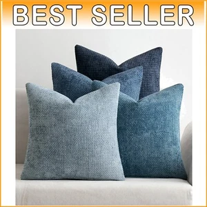 Set of 4 Neutral Blue Chenille Throw Pillow Covers 20x20 inches for Modern Decor - Picture 1 of 8