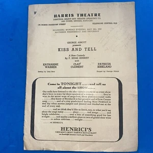 Vintage Theatre Playbill Program (kiss and tell )Harris theater Chicago 1943 - Picture 1 of 11
