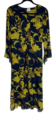 Women's Cabi Blue Yellow Floral Midnight 3/4 Sleeve V-Neck Mesh Midi Dress M - Image 1 of 4