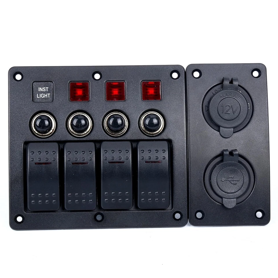 Painel interruptor balancim alternador à prova d'água 12V 4 gangues LED vermelho com USB duplo para barco trailer - Imagem 1 de 4