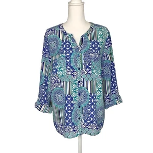 Kim Rogers Bluse Oberteil Button Down Rollriegelärmel blau aqua gelb weiß XL - Bild 1 von 6