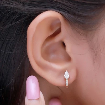 5/8 Ct Pear & Round Cut Diamond Hoop Earrings 14K Yellow Gold Lab Grown - Image 1 of 4