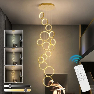 Stair Chandelier Lighting Shop LED Pendant Light Home Gold Ceiling Lamp 18 Rings - Image 1 of 4