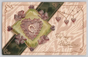 1911 Embossed Valentine Postcard Horseshoe Blue Bows Gold Hearts Germany - Picture 1 of 3