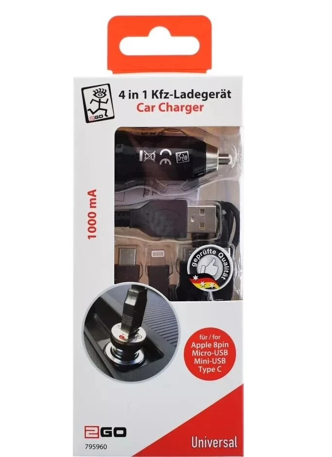 2GO Mini 4 in 1 Kfz- Ladegerät Car Charger 12V/24V - schwarz 1000mA Micro USB - Bild 1 von 1