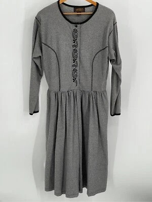 Eddie Bauer Dress Maxi Womens Large Long Sleeve Lagenlook Gray Black Embroider - Image 1 of 4