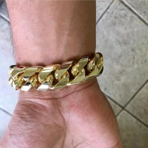 14MM 14K Gold Plated 316L Stainless Steel Cuban Bracelet For Men 8.5in Polished - Picture 1 of 9