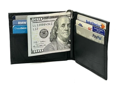 RFID Blocking Genuine Leather Money Clip Men's Bifold Wallet Card Holder - Image 1 of 4