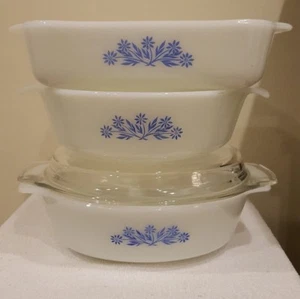 Set of 3 Anchor Hocking Blue Cornflower Casseroles #433, #436, #437 All Unused! - Bild 1 von 9