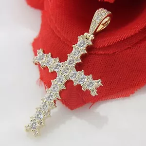 2Ct Round Lab Created Diamond Cross Pendant 14K Yellow Gold Plated Necklace - Picture 1 of 4