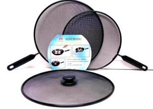 3PC Metal Mesh Splatter Guard Screen Cover Frying Grill Pan Knob Lids Set Black - Picture 1 of 7