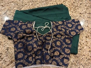 Womens Traditional Indian Pakistan Green Saree and Blue Gold Blouse size L - Picture 1 of 15