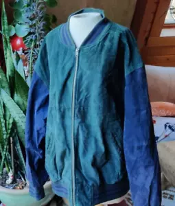 VTG Varsity Bomber Jacket Men's XL 90s Y2K Suede Leather Green Blue Colorblock - Picture 1 of 13