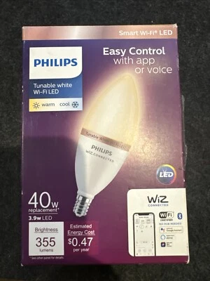 Philips Smart Tunable White Wi-Fi LED Bulb 40Watt 3.9W 355 Lumens E12 B11 WiZ - Image 1 of 3
