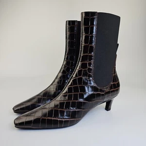 TOTEME Croco-Embossed $830 Dark Brown 50mm Mid Heel Boots New And Authentic - Picture 1 of 10