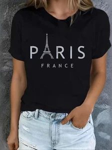 Paris-Inspired Women's T-Shirt - Casual Crew Neck with Letter Print, Breathable - Picture 1 of 12