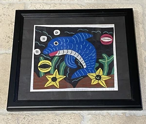 Vintage Applique Dolphin Mola by Kuna Indians Panama Framed Textile 16" x 14" - Picture 1 of 6
