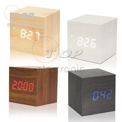 Wood Cube Clock LED Alarm Voice Control Digital Desk Bedside Wooden Temperature - Image 1 of 4
