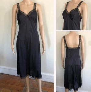 Vintage Black Nylon Tricot Full Slip Sz 34 Lace Trim Lingerie Long - Picture 1 of 15