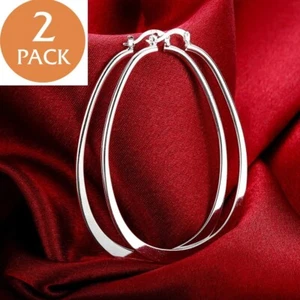 Womens 925 Sterling Solid Silver Elegant Oval Shaped Extra Large Hoop Earrings - Picture 1 of 7