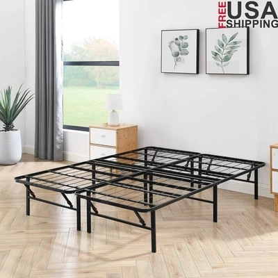 Foldable Steel Bed Frame High Profile Heavy Duty Easy Assembly Sturdy Support US - Image 1 of 4