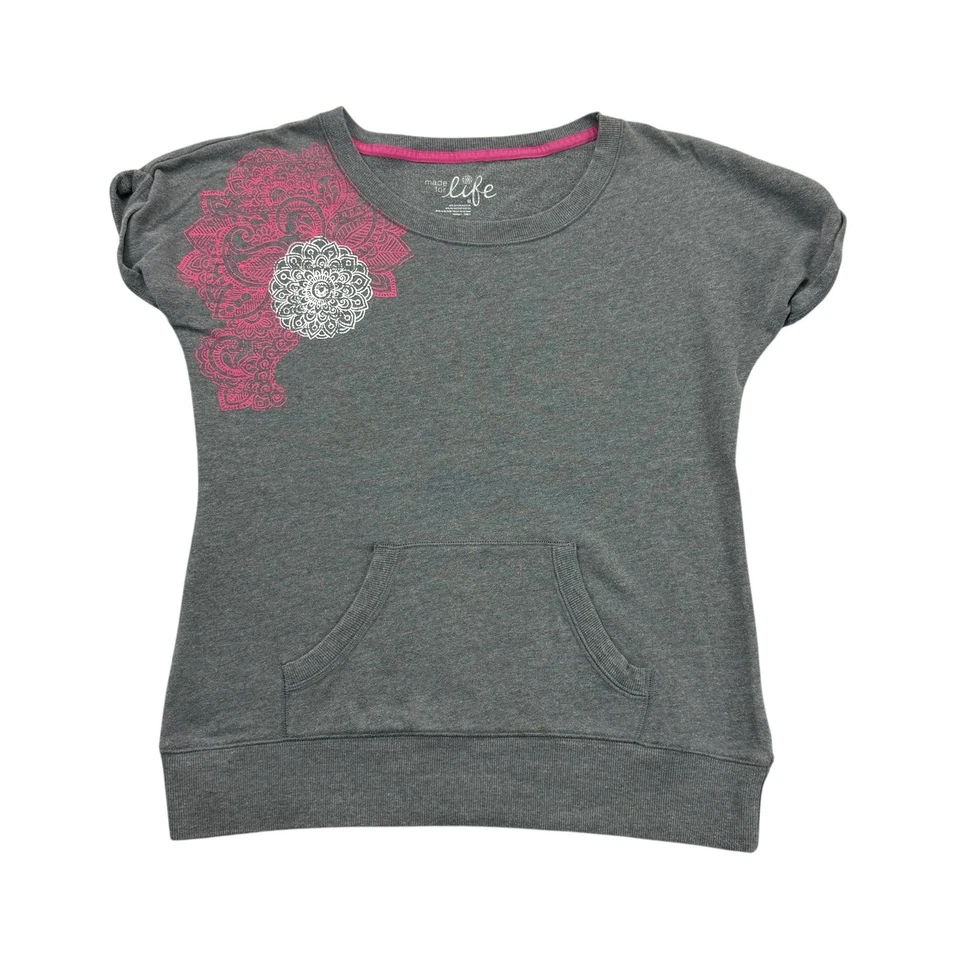 Made for Life Sweatshirt Womens Medium M Gray Pink Short Sleeve Pullover - Image 1 of 4