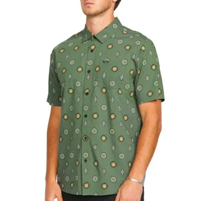 New Volcom Mister Fib Mens L Printed Button Up Short Sleeve Shirt Green Skate - Image 1 of 4