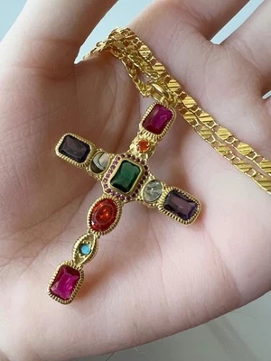 Genuine Multi-Gemstone 14K Gold on Solid 925 Necklace Etruscan Revival Cross - Image 1 of 4
