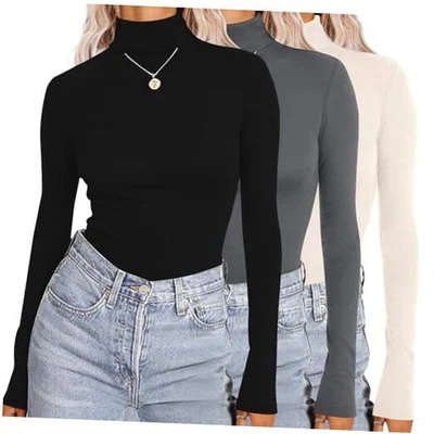  Women's Turtleneck Long Sleeve Shirts Thermal Medium Gp3-black/Grey/Beige - Image 1 of 4