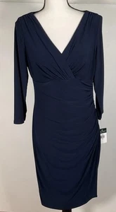 Vestido Lauren Ralph Lauren Mujer 12 Cuello en V Imitación Envoltura Azul Marino Manga 3/4 Jersey - NUEVO - Imagen 1 de 13