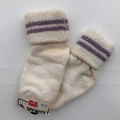 VTG Socks 1980's Girls 7-9.5 White Purple Cuff Ankle USA Hanes 90's USA Made - Image 1 of 4