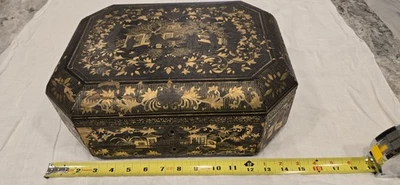 Antique Chinese Export  Sewing box Landscape Scene black and gold lacquer 1800s  - Image 1 of 4
