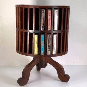 Vintage Wooden Cassette Tape Storage Table Holds 60 Rotating Floor Standing Wood - Picture 1 of 21