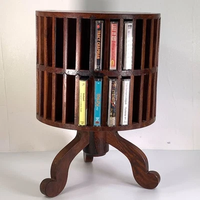 Vintage Wooden Cassette Tape Storage Table Holds 60 Rotating Floor Standing Wood - Image 1 of 4