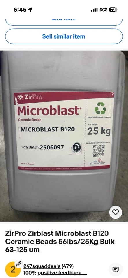 ZirPro Zirblast Microblast B120 陶瓷珠 56 磅/25 克 散装 63-125 um — 第 1/1 张图片