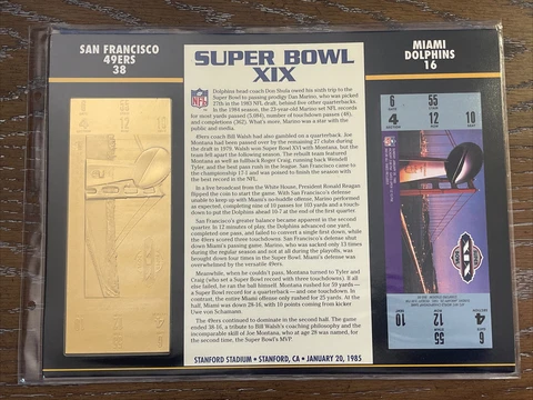 22KT GOLD SUPER BOWL XIX 19 TICKET Willabee Ward 49ers Dolphins Cover